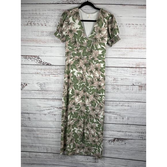 C Dresses & Skirts - C Dress Women's Size Small Green Pink Floral Maxi Button Front Short Sleeve